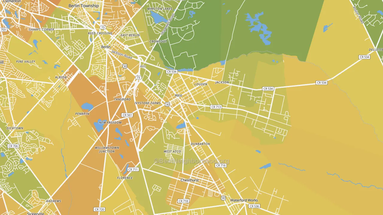 Map of the best neighborhoods in the 08004 area, with better matches in green and worse matches in red