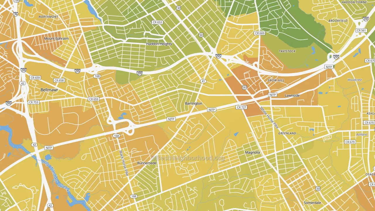 Map of the best neighborhoods in the 08007 area, with better matches in green and worse matches in red