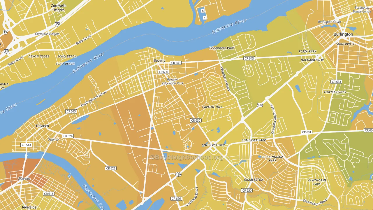 Map of the best neighborhoods in the 08010 area, with better matches in green and worse matches in red