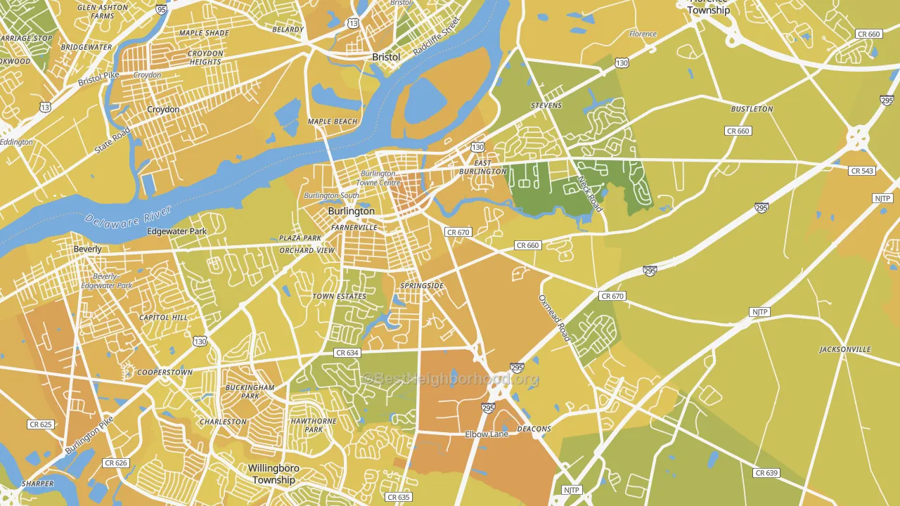 Map of the best neighborhoods in the 08016 area, with better matches in green and worse matches in red