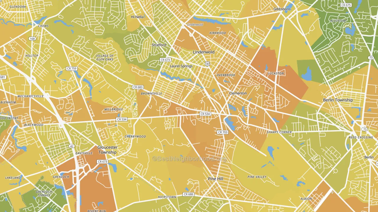 Map of the best neighborhoods in the 08021 area, with better matches in green and worse matches in red