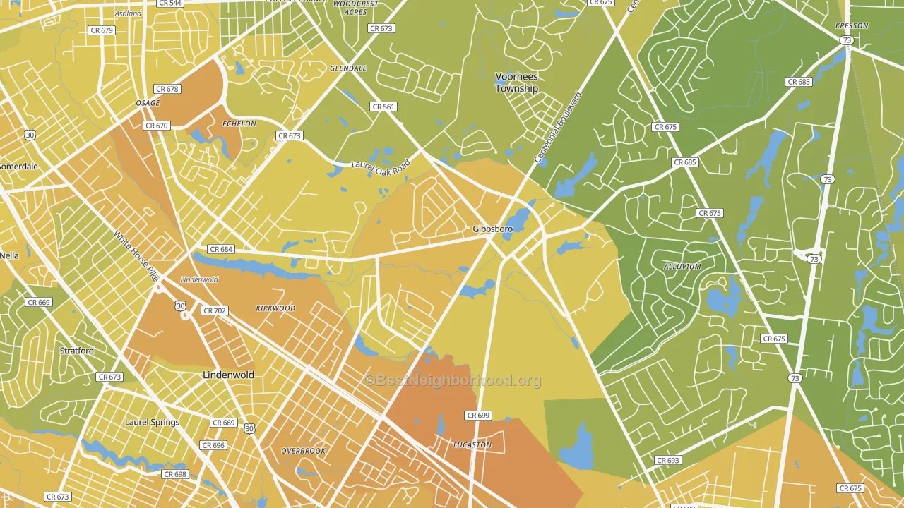 Map of the best neighborhoods in the 08026 area, with better matches in green and worse matches in red