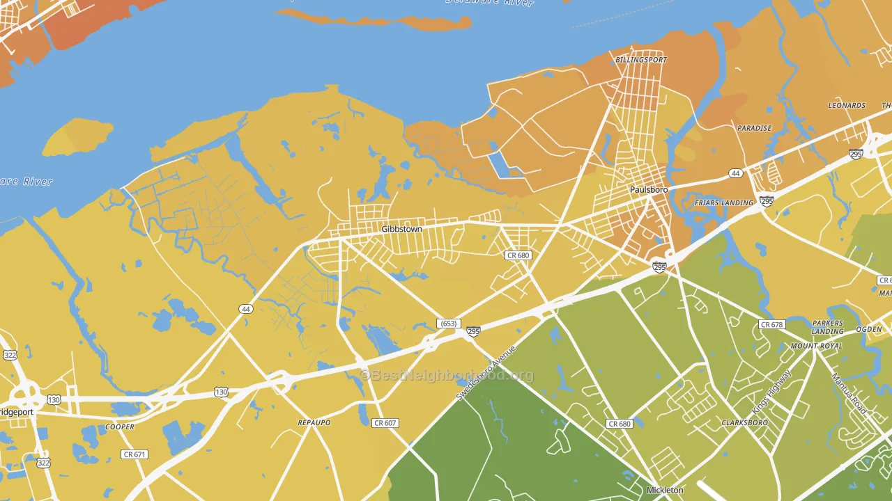 Map of the best neighborhoods in the 08027 area, with better matches in green and worse matches in red