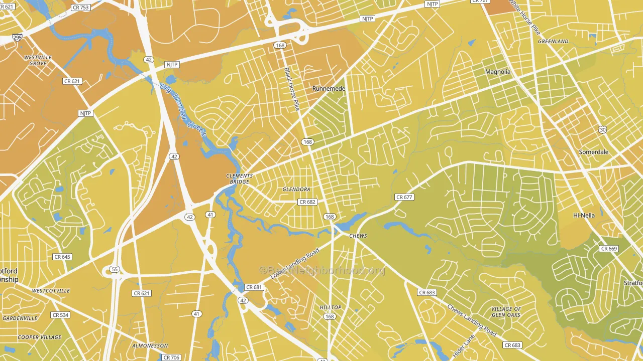 Map of the best neighborhoods in the 08029 area, with better matches in green and worse matches in red