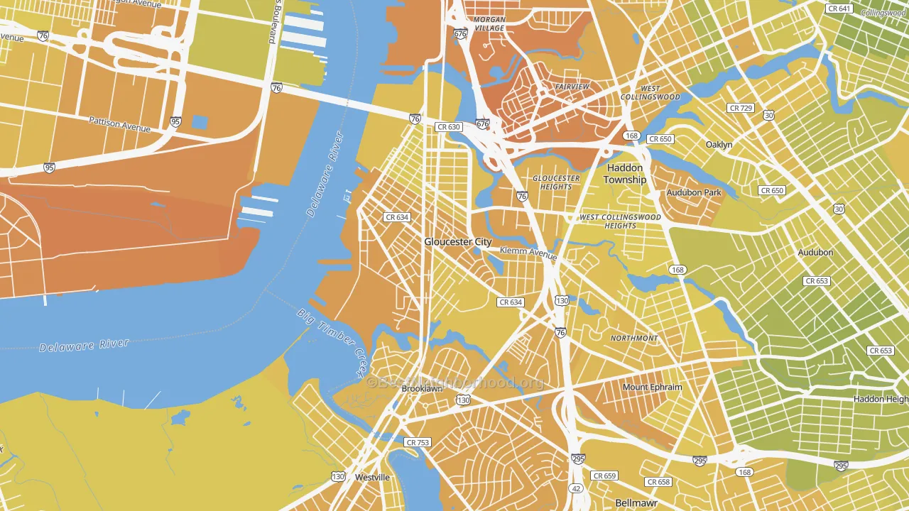 Map of the best neighborhoods in the 08030 area, with better matches in green and worse matches in red