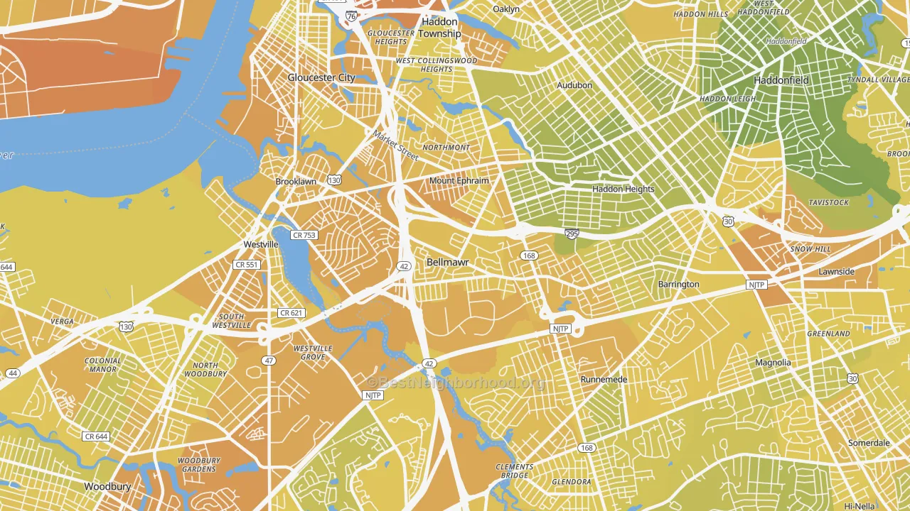 Map of the best neighborhoods in the 08031 area, with better matches in green and worse matches in red