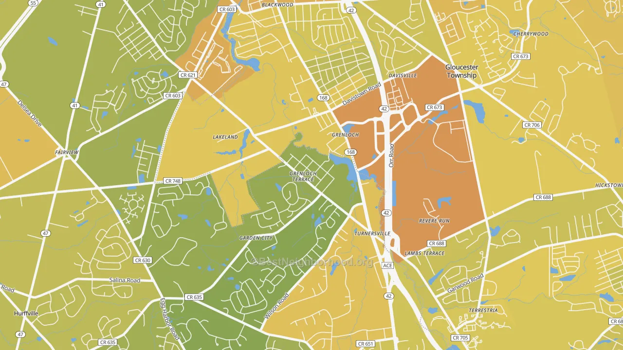 Map of the best neighborhoods in the 08032 area, with better matches in green and worse matches in red