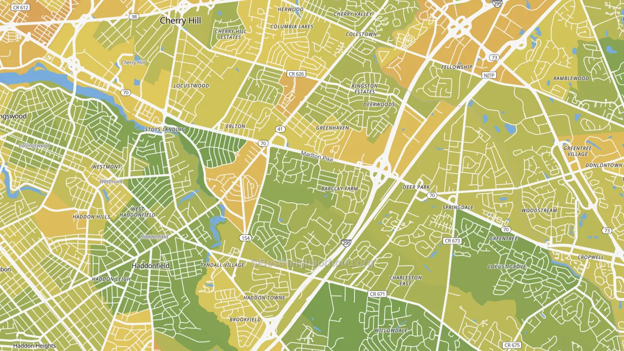 Map of the best neighborhoods in the 08034 area, with better matches in green and worse matches in red