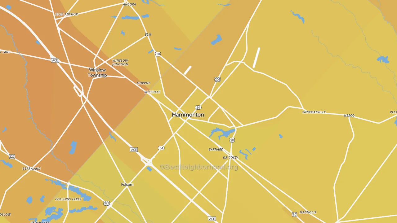 Map of the best neighborhoods in the 08037 area, with better matches in green and worse matches in red