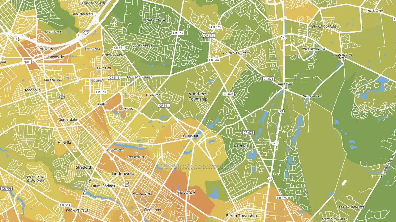 Map of the best neighborhoods in the 08043 area, with better matches in green and worse matches in red