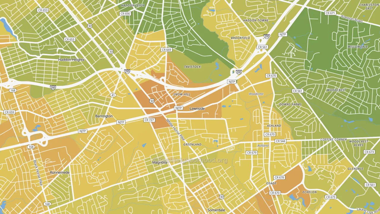 Map of the best neighborhoods in the 08045 area, with better matches in green and worse matches in red