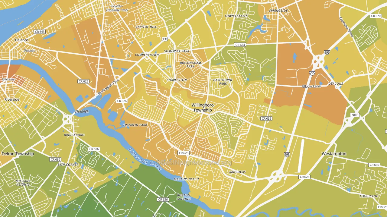 Map of the best neighborhoods in the 08046 area, with better matches in green and worse matches in red