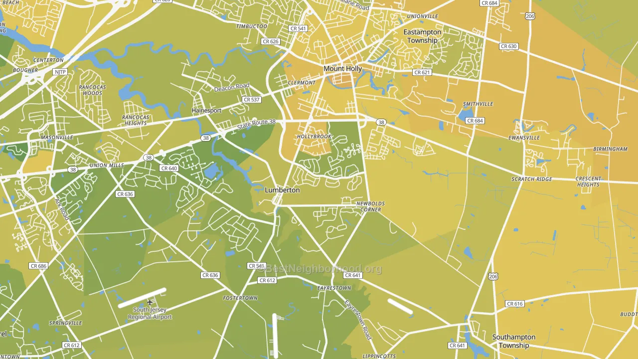 Map of the best neighborhoods in the 08048 area, with better matches in green and worse matches in red