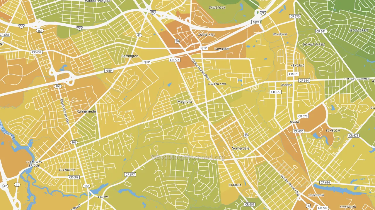 Map of the best neighborhoods in the 08049 area, with better matches in green and worse matches in red