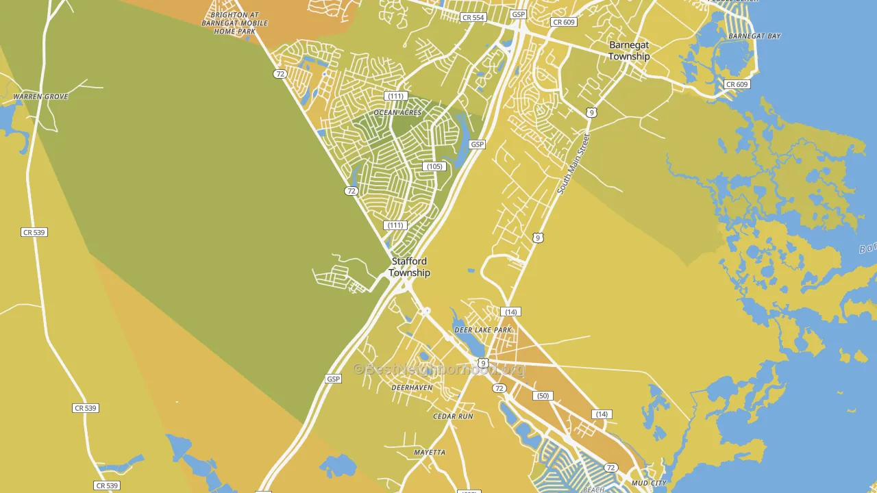 Map of the best neighborhoods in the 08050 area, with better matches in green and worse matches in red