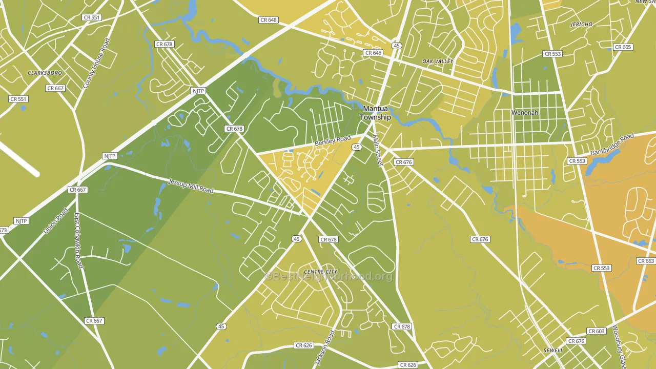 Map of the best neighborhoods in the 08051 area, with better matches in green and worse matches in red