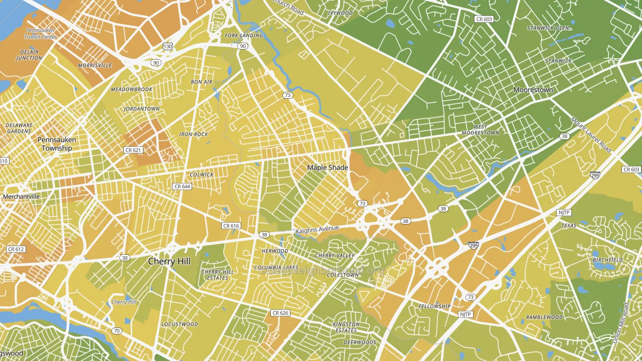 Map of the best neighborhoods in the 08052 area, with better matches in green and worse matches in red