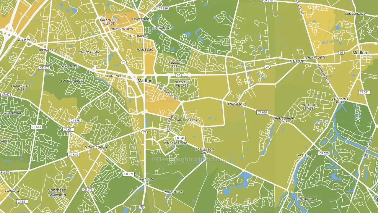 Map of the best neighborhoods in the 08053 area, with better matches in green and worse matches in red