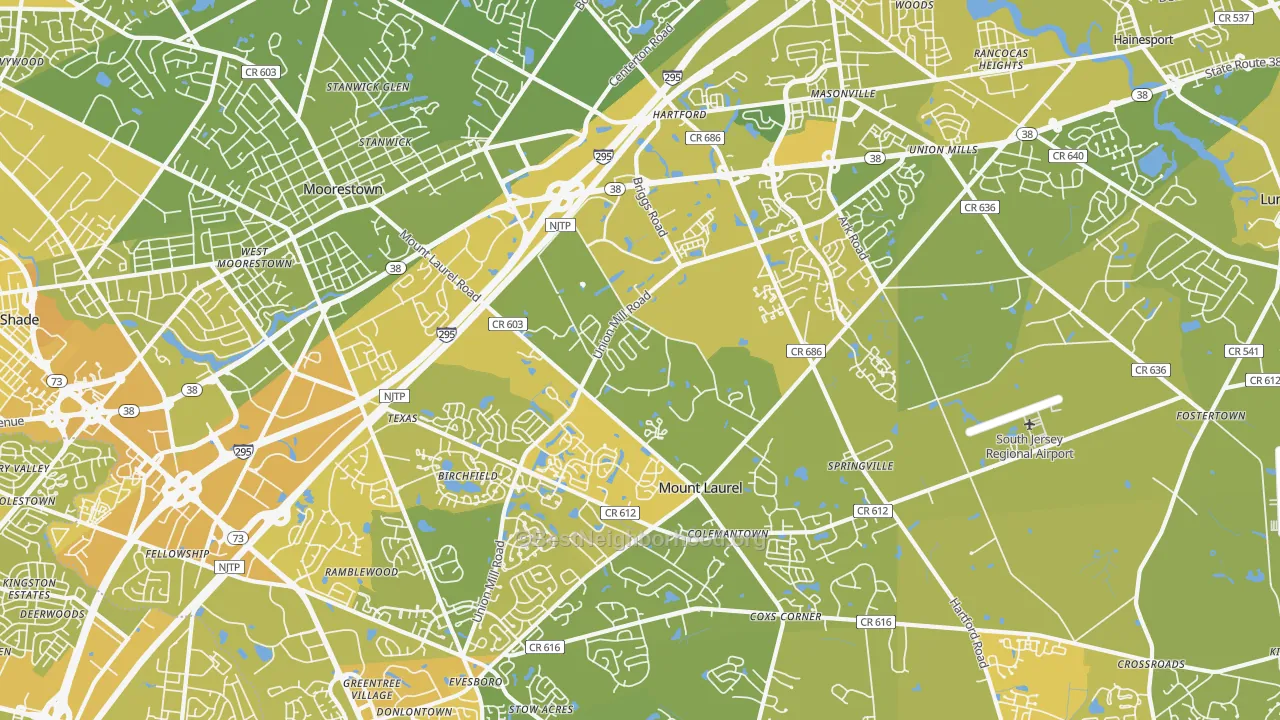 Map of the best neighborhoods in the 08054 area, with better matches in green and worse matches in red