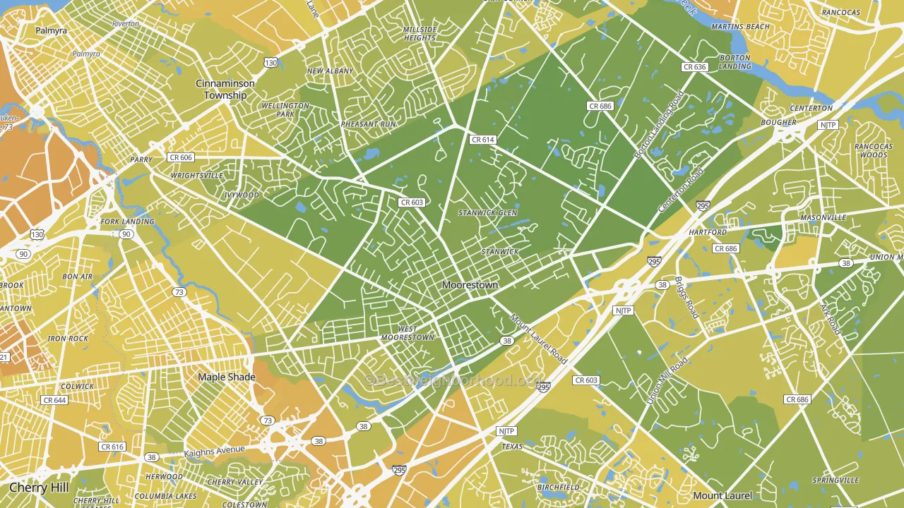 Map of the best neighborhoods in the 08057 area, with better matches in green and worse matches in red