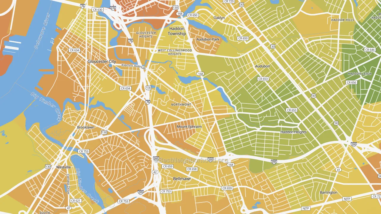 Map of the best neighborhoods in the 08059 area, with better matches in green and worse matches in red