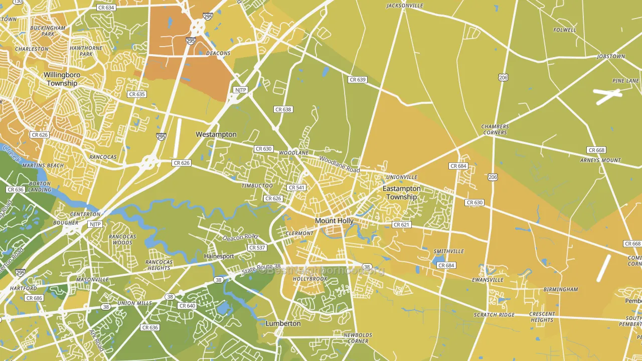 Map of the best neighborhoods in the 08060 area, with better matches in green and worse matches in red