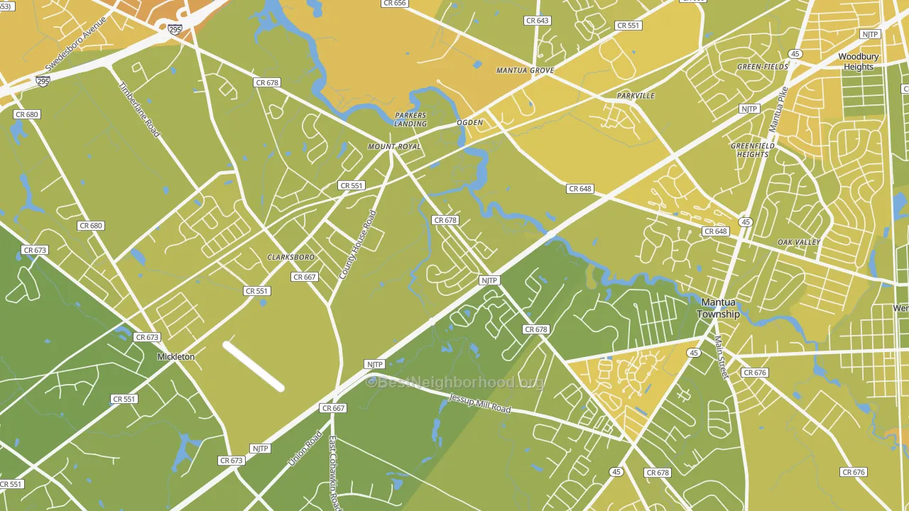 Map of the best neighborhoods in the 08061 area, with better matches in green and worse matches in red