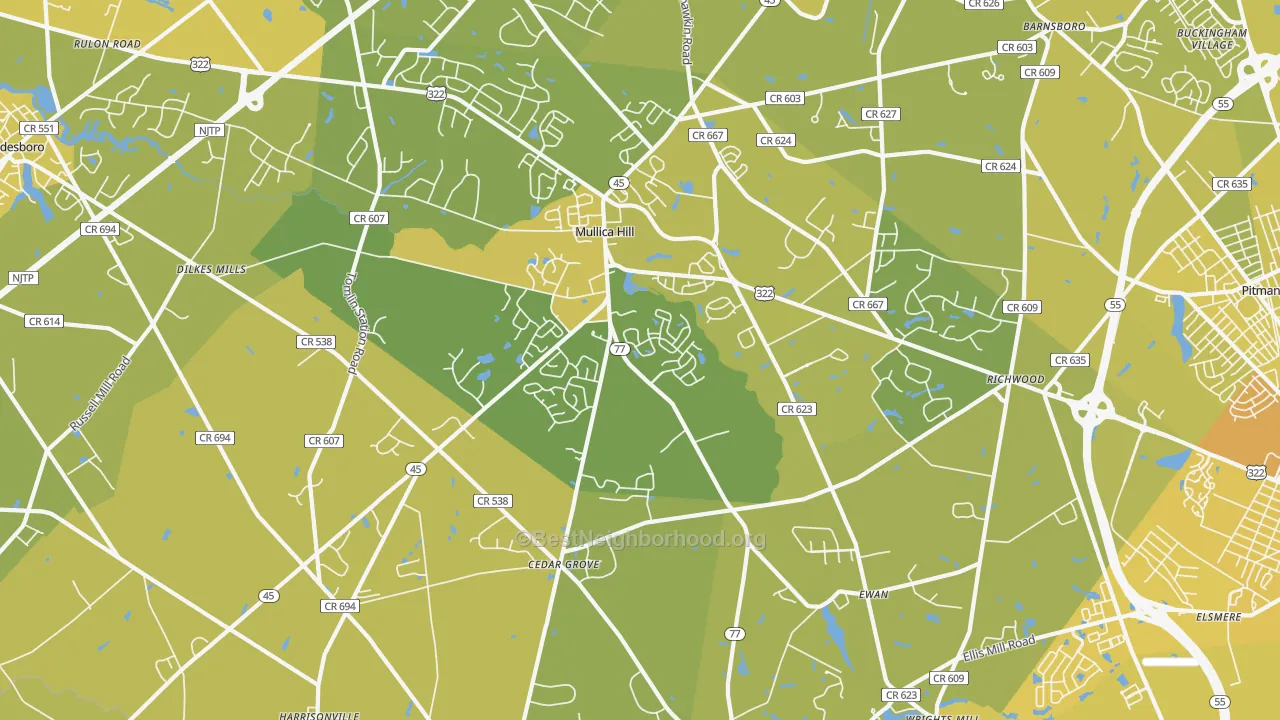 Map of the best neighborhoods in the 08062 area, with better matches in green and worse matches in red