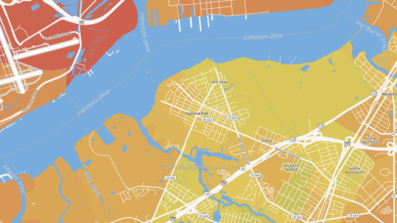 Map of the best neighborhoods in the 08063 area, with better matches in green and worse matches in red