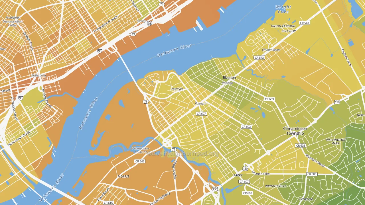 Map of the best neighborhoods in the 08065 area, with better matches in green and worse matches in red