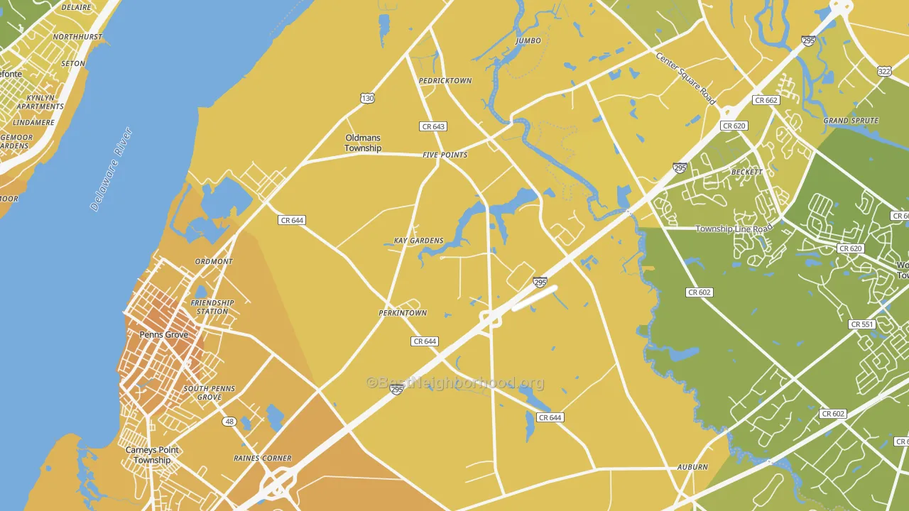 Map of the best neighborhoods in the 08067 area, with better matches in green and worse matches in red