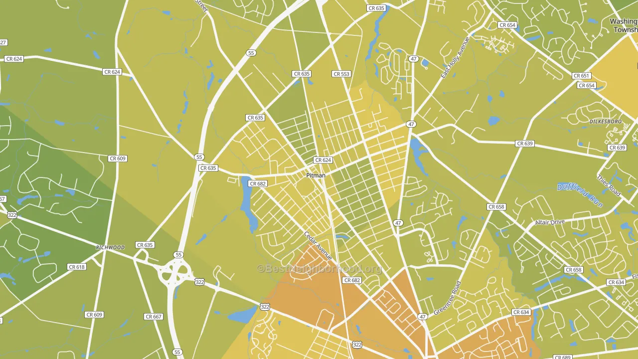 Map of the best neighborhoods in the 08071 area, with better matches in green and worse matches in red