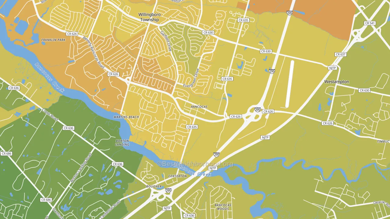 Map of the best neighborhoods in the 08073 area, with better matches in green and worse matches in red