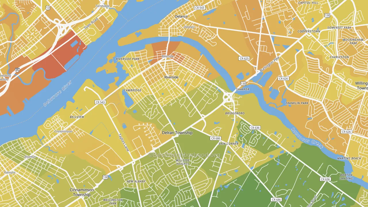Map of the best neighborhoods in the 08075 area, with better matches in green and worse matches in red