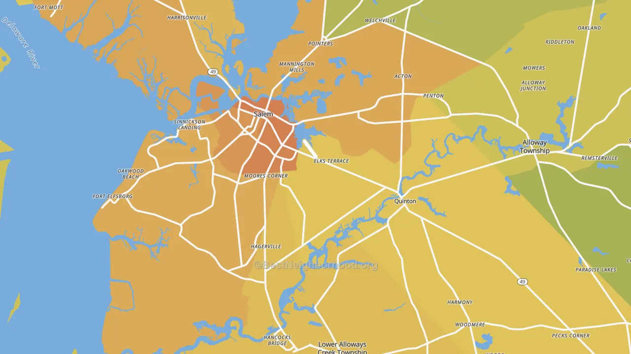 Map of the best neighborhoods in the 08079 area, with better matches in green and worse matches in red