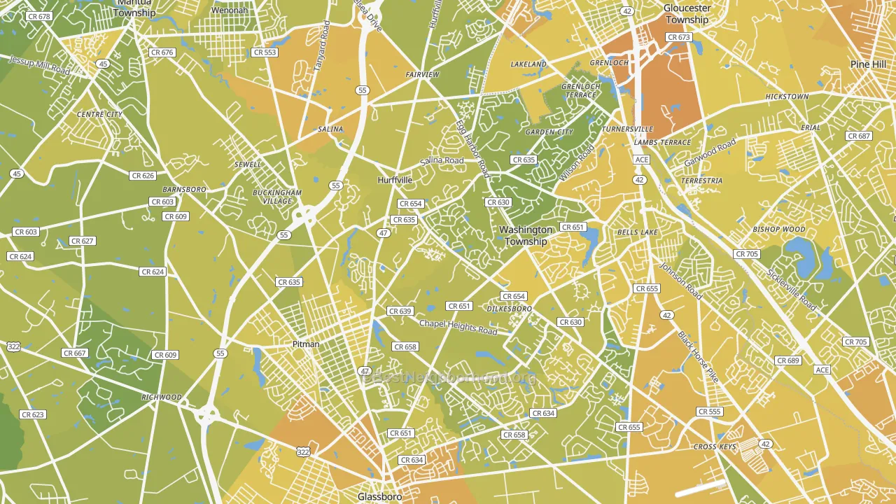 Map of the best neighborhoods in the 08080 area, with better matches in green and worse matches in red