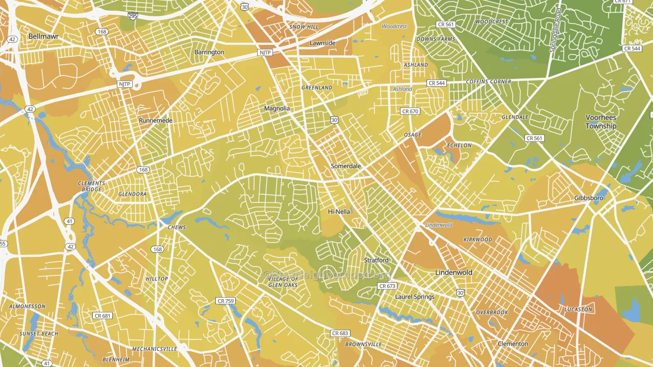 Map of the best neighborhoods in the 08083 area, with better matches in green and worse matches in red