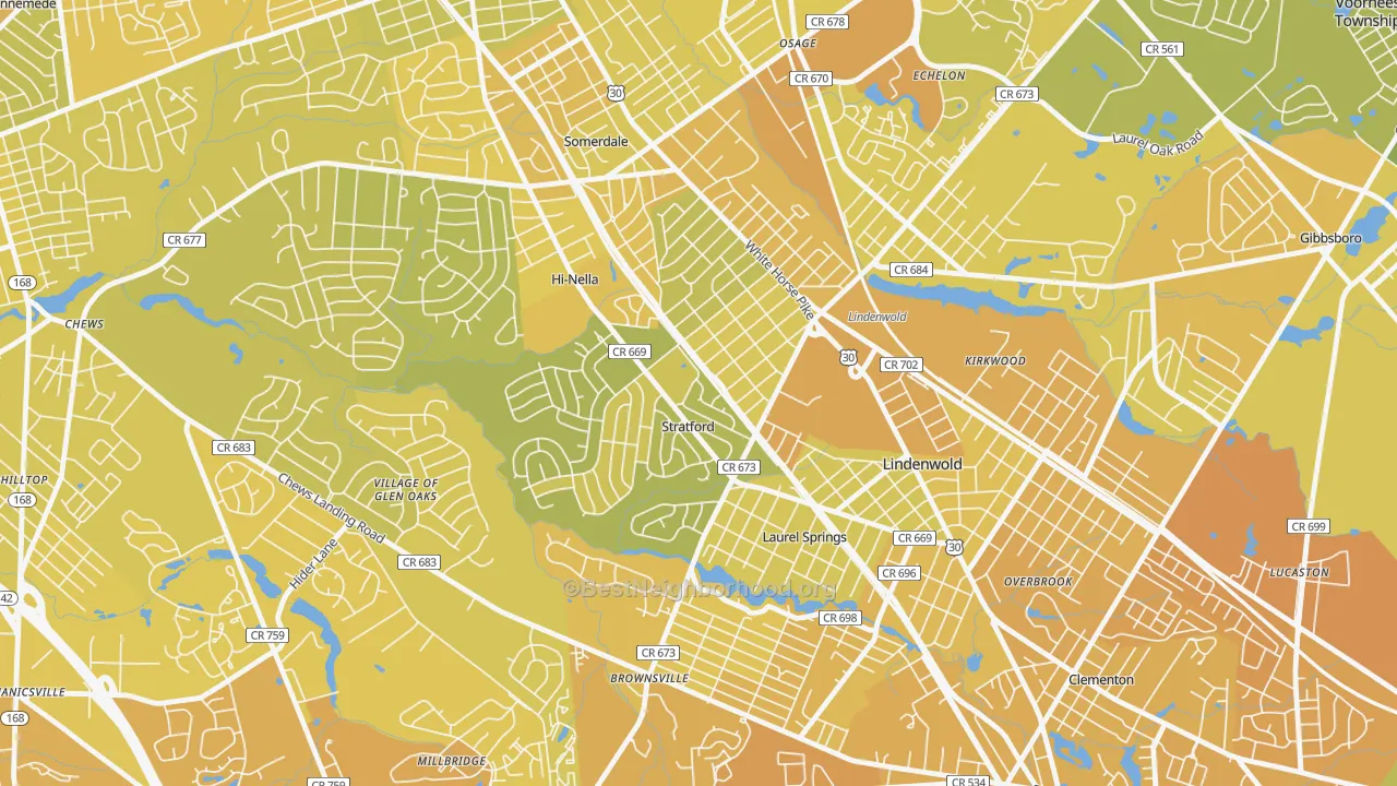 Map of the best neighborhoods in the 08084 area, with better matches in green and worse matches in red