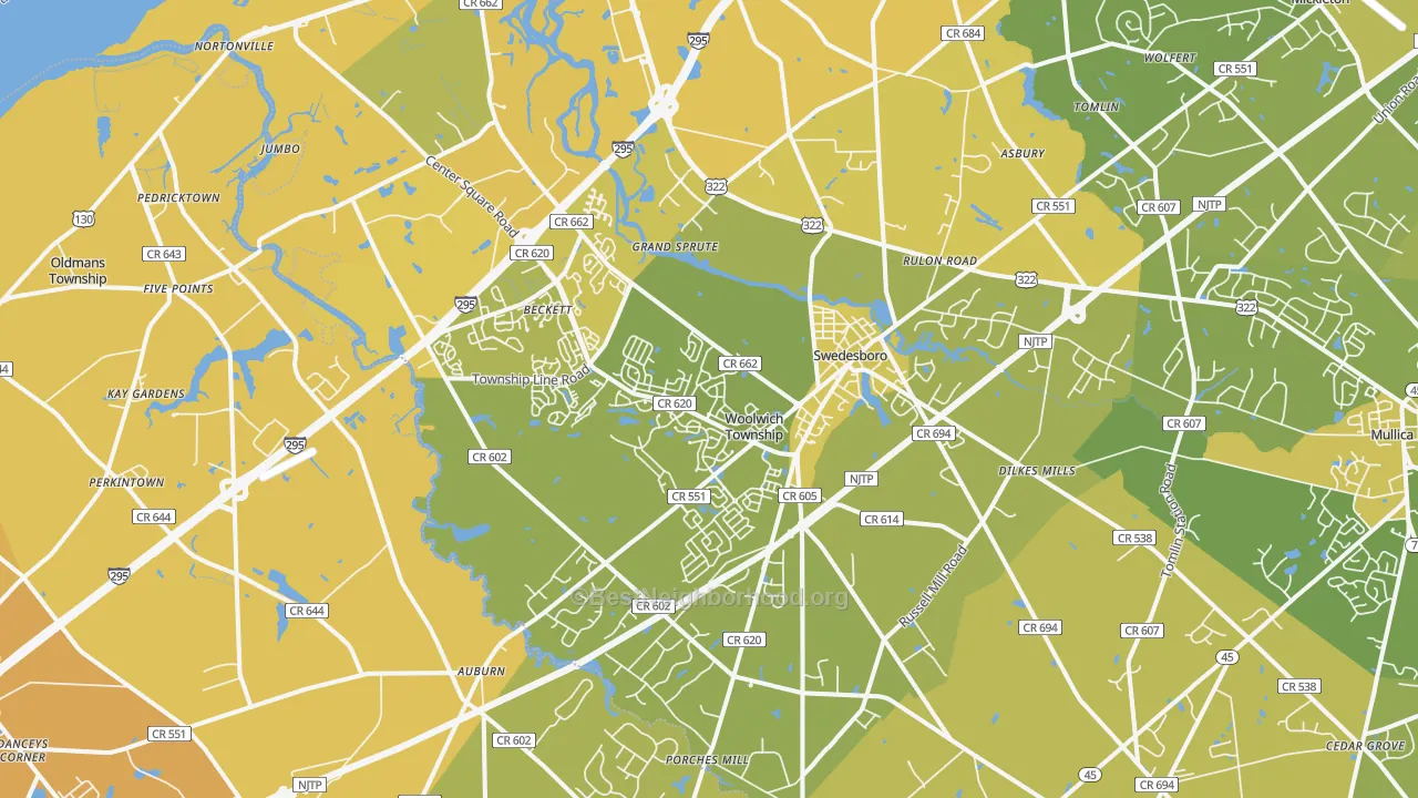 Map of the best neighborhoods in the 08085 area, with better matches in green and worse matches in red