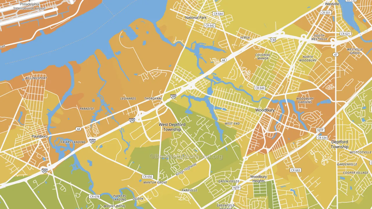 Map of the best neighborhoods in the 08086 area, with better matches in green and worse matches in red