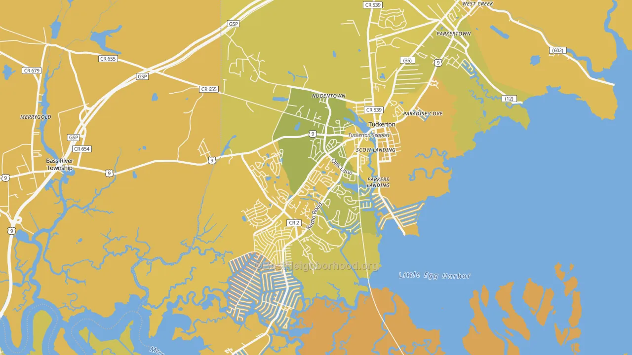 Map of the best neighborhoods in the 08087 area, with better matches in green and worse matches in red