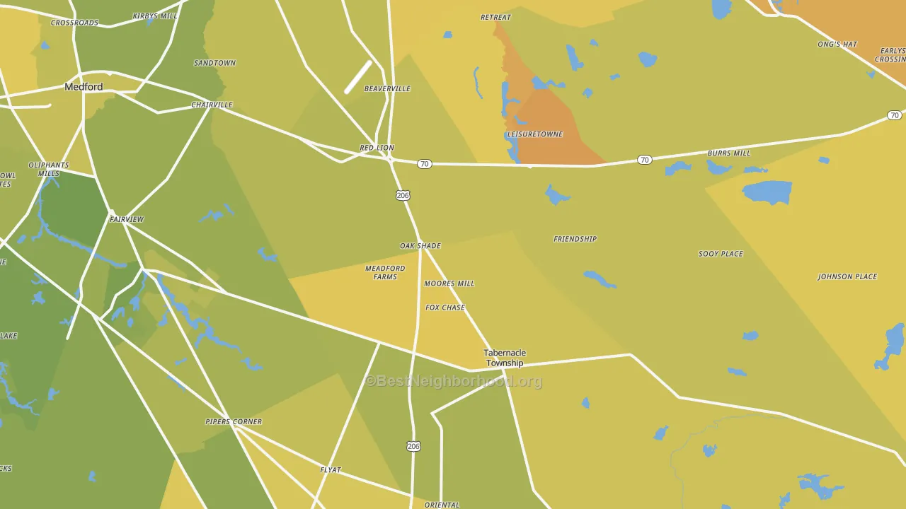 Map of the best neighborhoods in the 08088 area, with better matches in green and worse matches in red