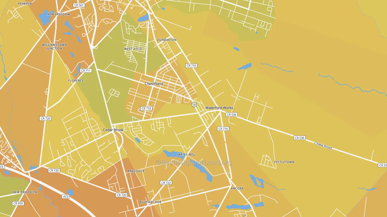Map of the best neighborhoods in the 08089 area, with better matches in green and worse matches in red