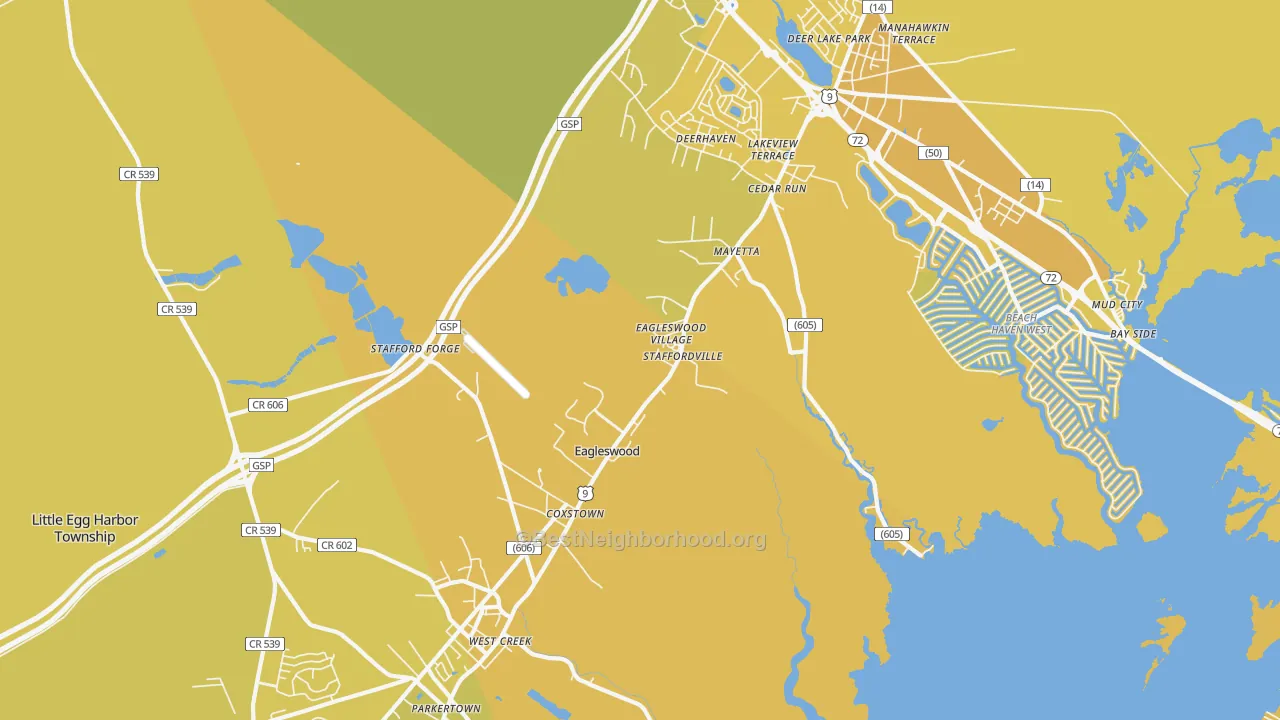 Map of the best neighborhoods in the 08092 area, with better matches in green and worse matches in red