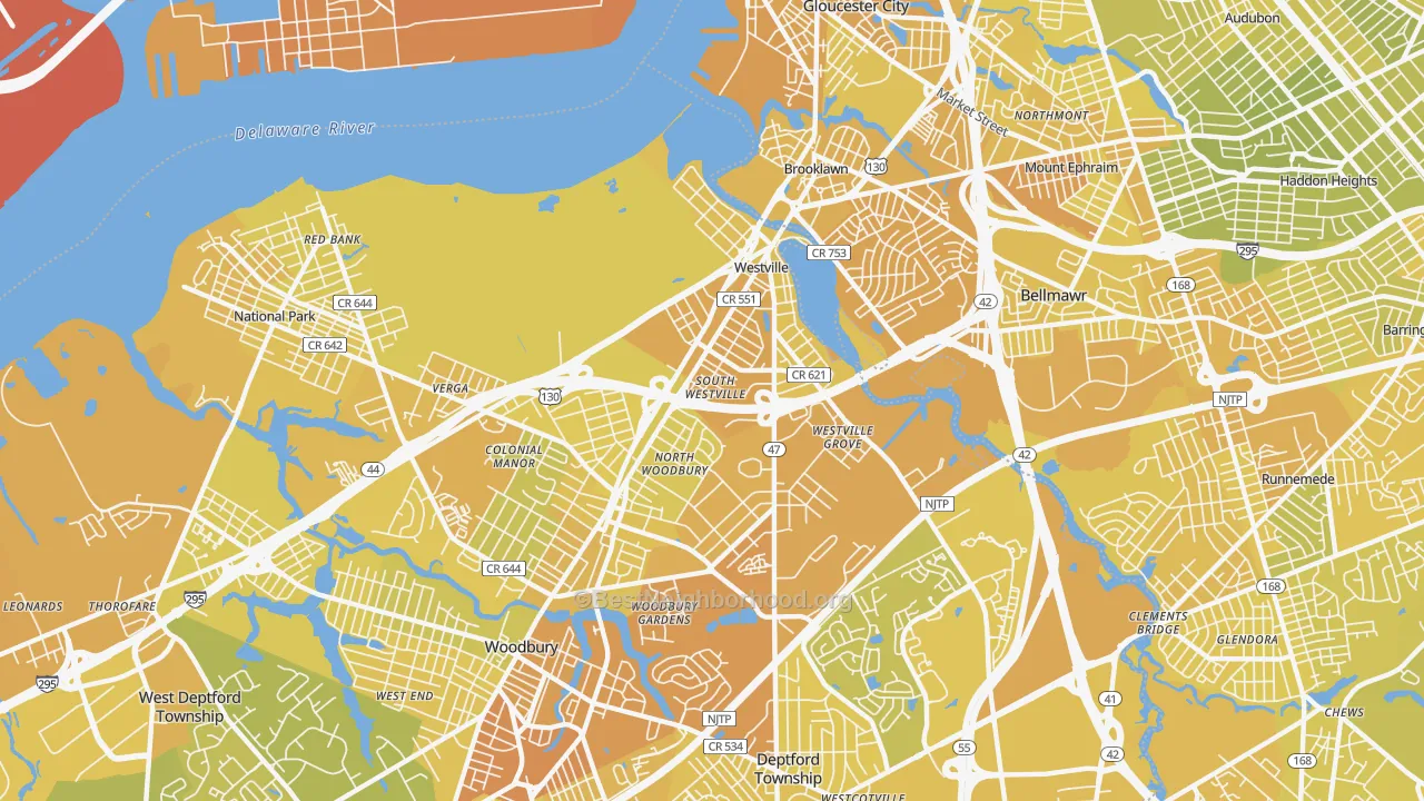 Map of the best neighborhoods in the 08093 area, with better matches in green and worse matches in red