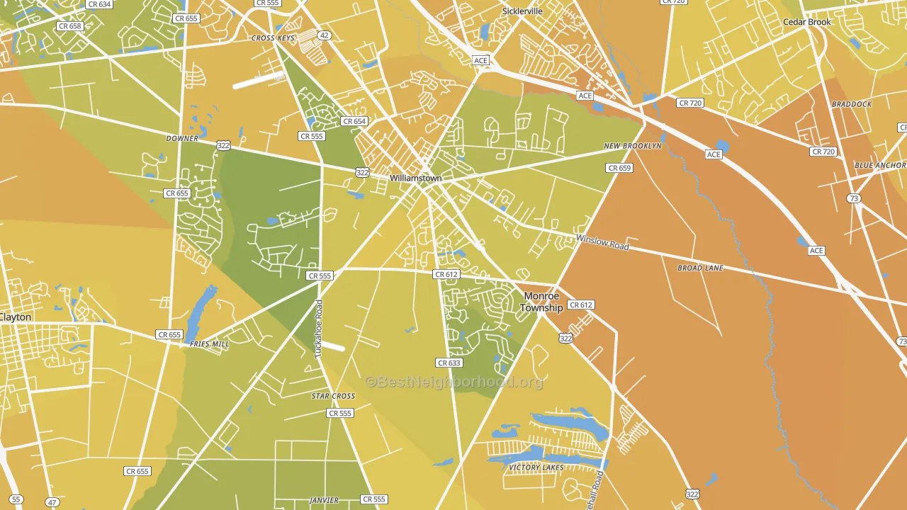 Map of the best neighborhoods in the 08094 area, with better matches in green and worse matches in red