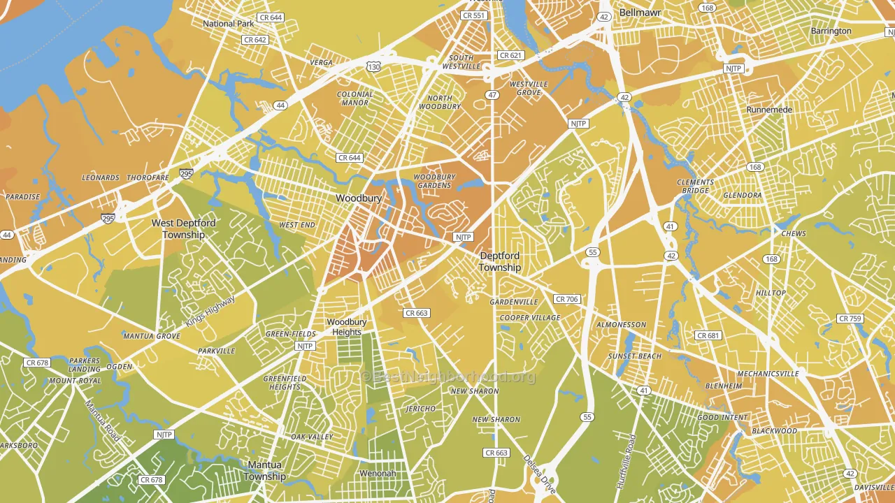 Map of the best neighborhoods in the 08096 area, with better matches in green and worse matches in red