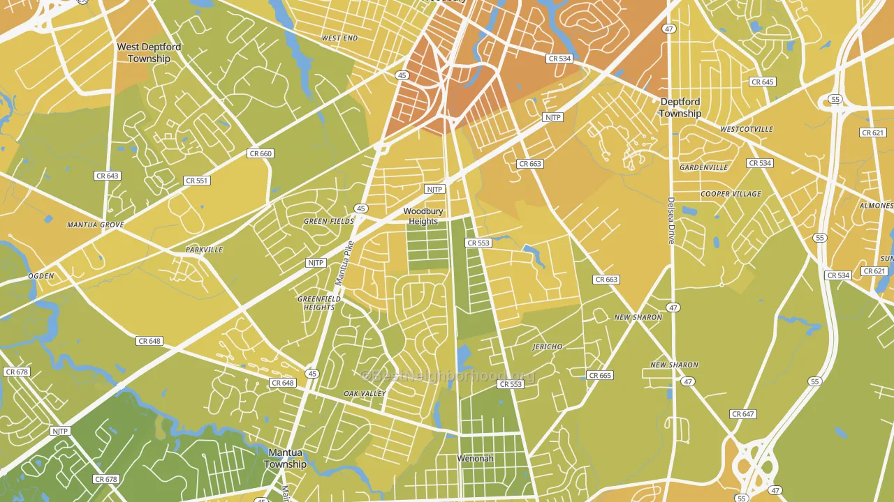 Map of the best neighborhoods in the 08097 area, with better matches in green and worse matches in red