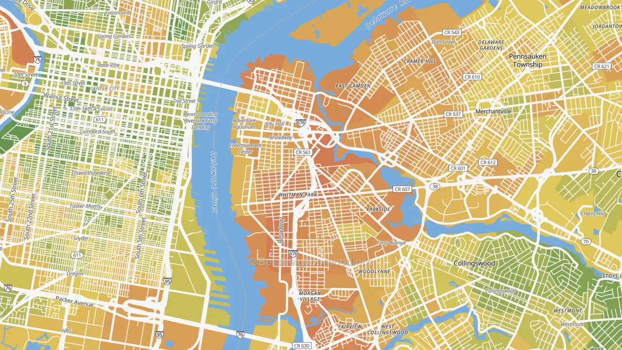 Map of the best neighborhoods in the 08103 area, with better matches in green and worse matches in red