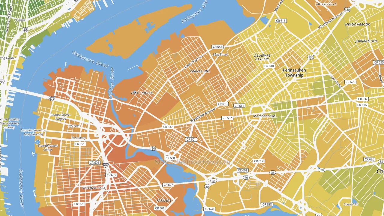 Map of the best neighborhoods in the 08105 area, with better matches in green and worse matches in red